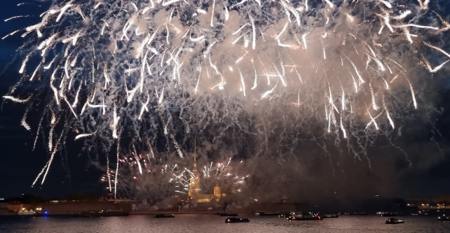 Fireworks for Navy Day on a single-deck motor ship